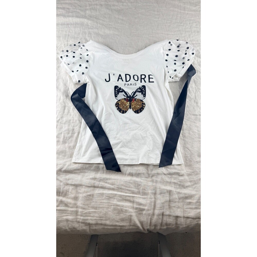 J'Adore Paris Butterfly Sequin Graphic Tee Women's Medium Polka Dot Puff Sleeve
